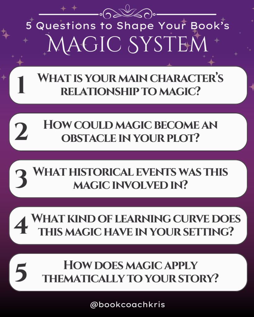 5 Questions to Shape Your Book's Magic System. 1. What is your main character’s relationship to magic? 2. How could magic become an obstacle in your plot? 3. What historical events was this magic involved in? 4. What kind of learning curve does this magic have in your setting? 5. How does magic apply thematically to your story? Information credit to Kristin Melville, book coach.